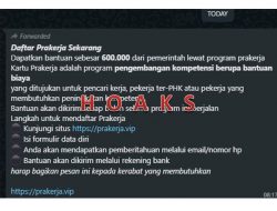 [HOAKS] Pesan Berantai Bantuan Rp 600 Ribu Kartu Prakerja Daftar di prakerja.vip
